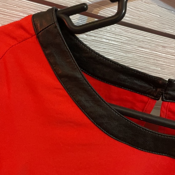 Bright red long sleeve blouse with black leather - Picture 2 of 5